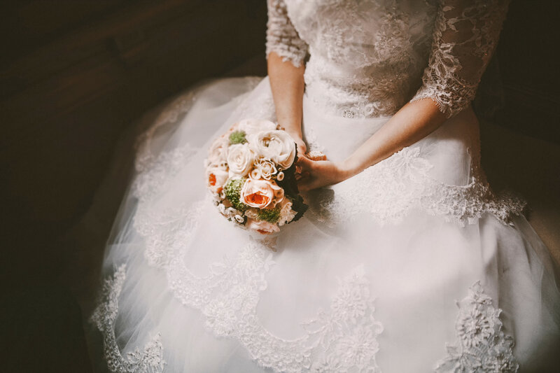 Bride Holding Bouquet — White, Serene, Photograph, Dress, Hands