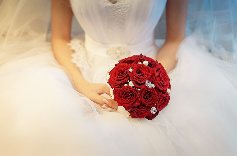 Bride Holding Bouquet — White, Serene, Photograph, Dress, Veil