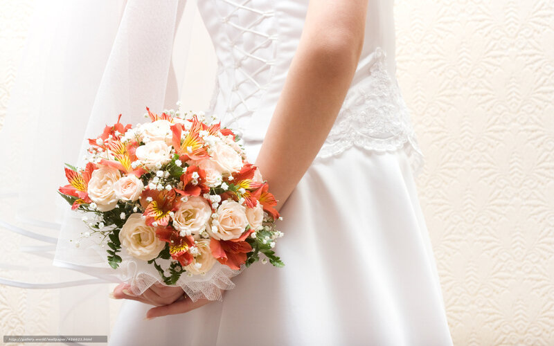 Bride Holding Bouquet — White, Serene, Photograph, Flower Bouquet
