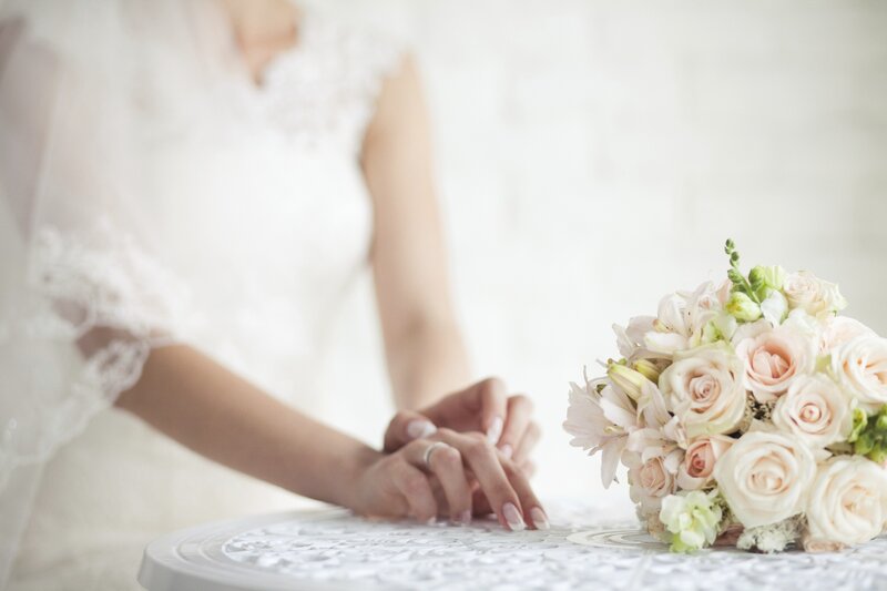 Bride Holding Bouquet — White, Serene, Photograph, Hands