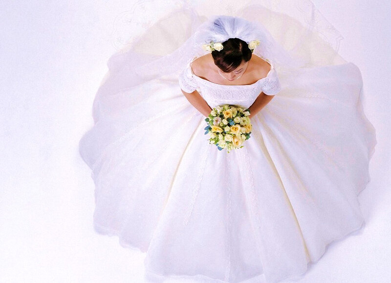 Bride Holding Bouquet — White, Serene, Photograph