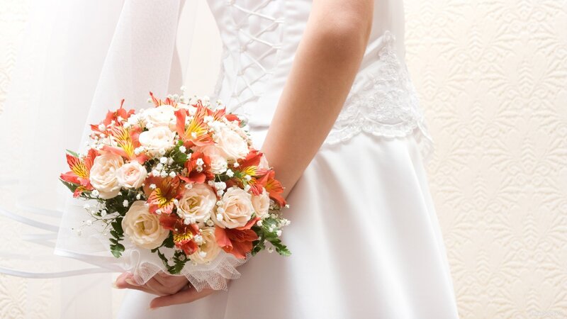 Bride Holding Bouquet — White, Serene, Photograph, Veil, Dress