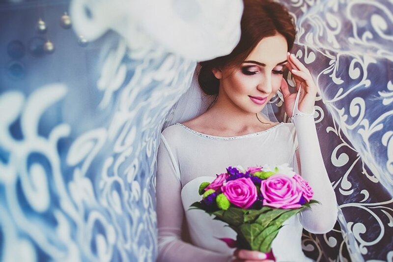 Bride Holding Bouquet — White, Serene, Photograph, Veil, Flowers