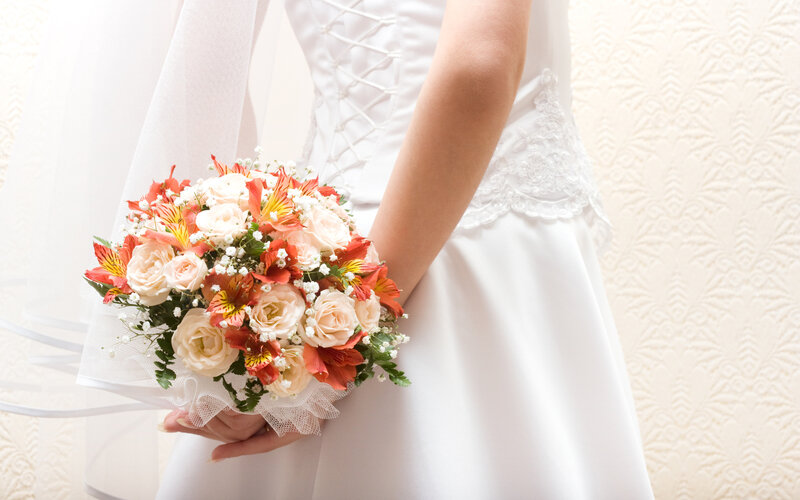 Bride Holding Bouquet — White, Serene, Photograph, Veil