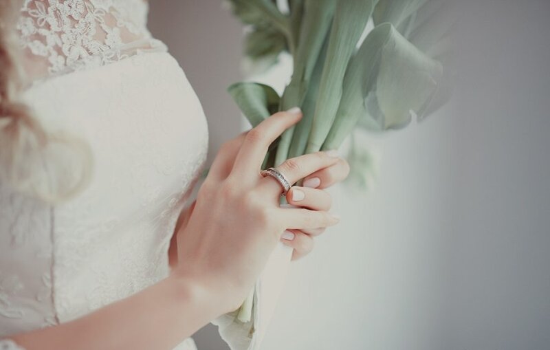 Bride Holding Bouquet — White, Serene, Photograph, Wedding Dress, Ring