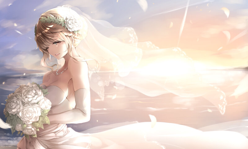 Bride Holding Bouquet — White, Serene, Sunset, Digital Art