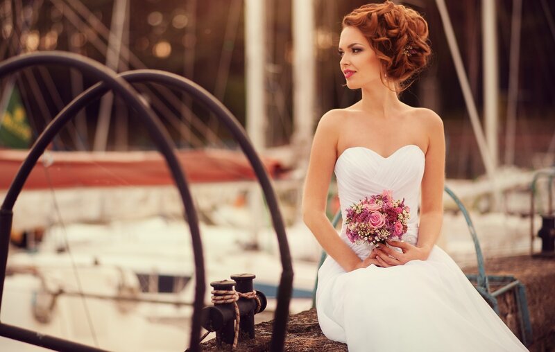 Bride Holding Bouquet — White, Serene, Sunset, Photograph, Dock