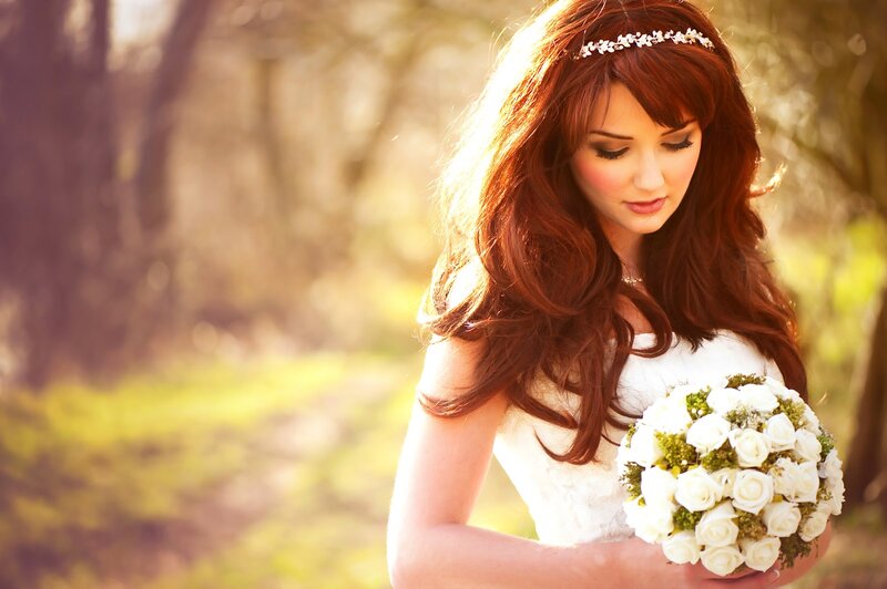 Bride Holding Bouquet — White, Serene, Sunset