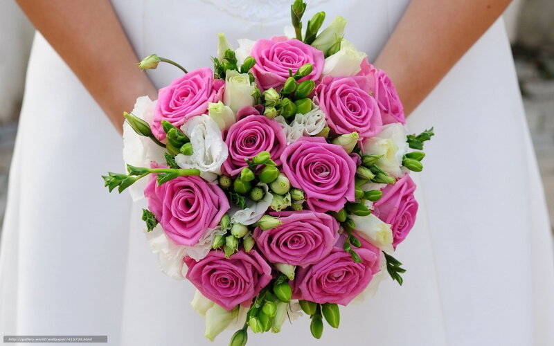 Bride holding pink rose bouquet