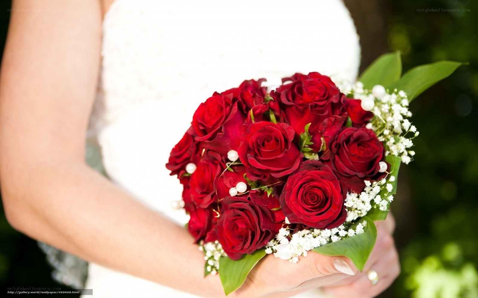 Bride holding red rose bouquet