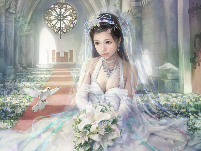 Bride in a Church — White, Serene, Digital Art