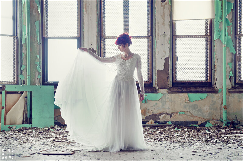 bride in abandoned building