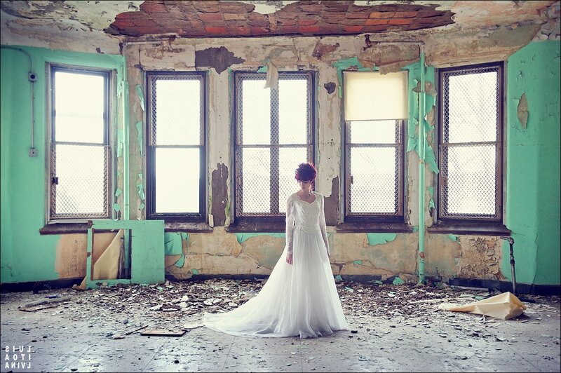 bride in abandoned building