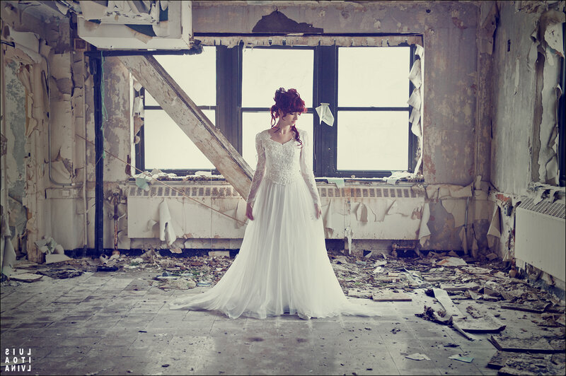 bride in abandoned building