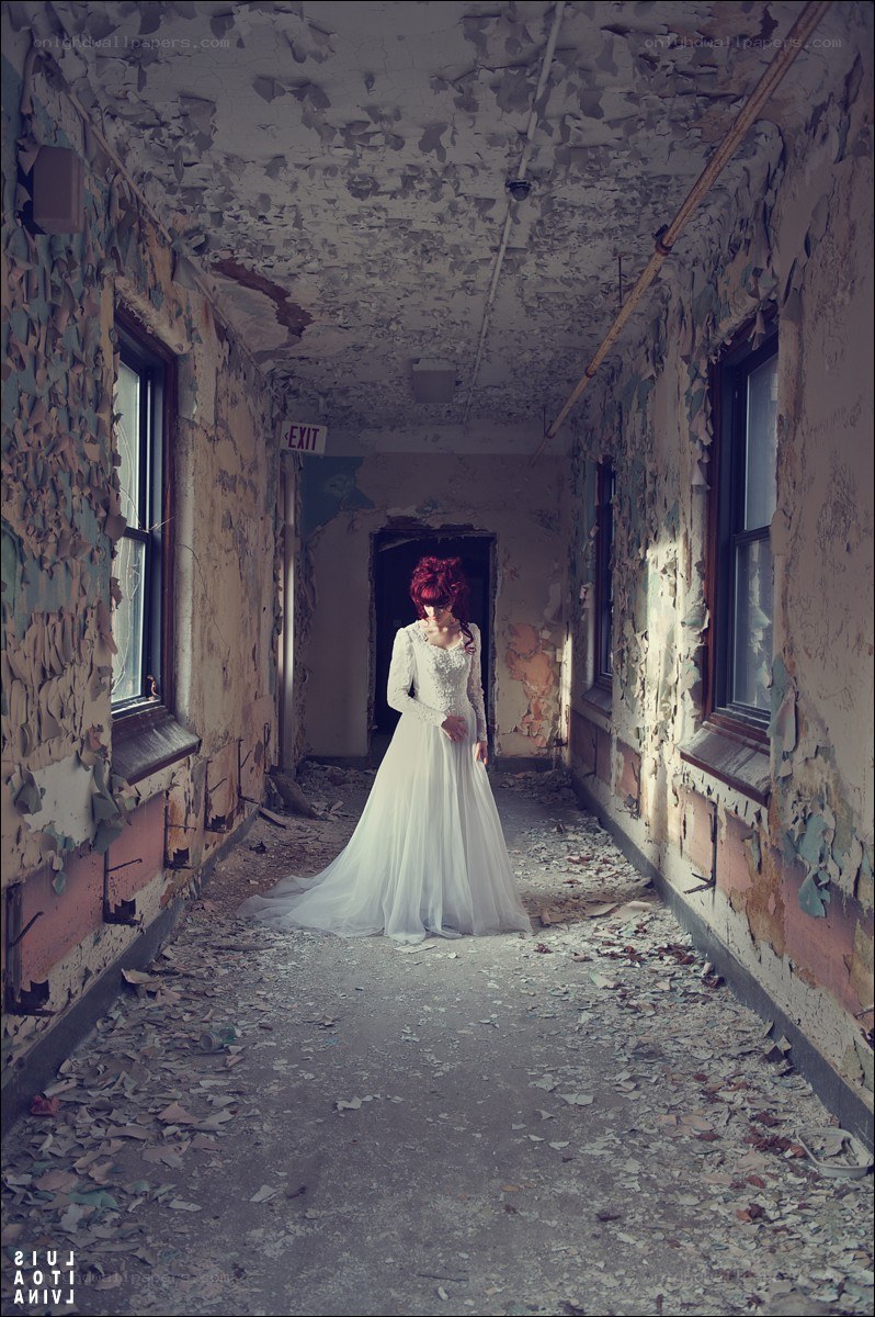 bride in abandoned hallway