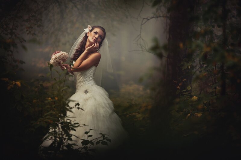 Bride in Forest — White, Dramatic