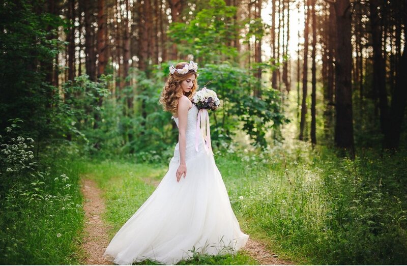 Bride in Forest — White, Serene, Afternoon, Photograph