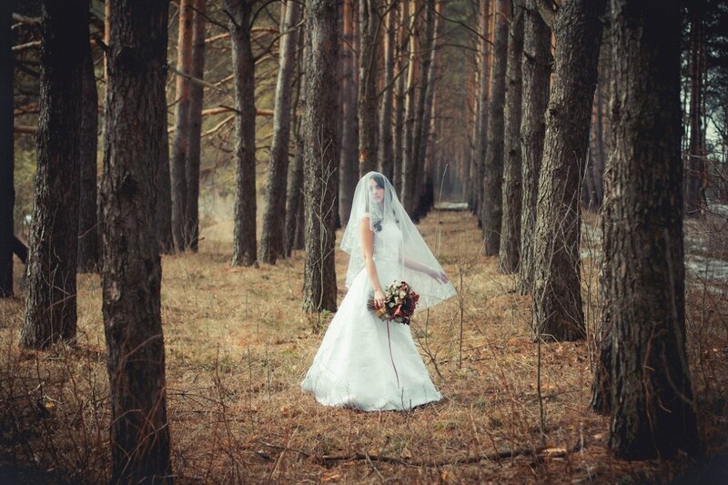 Bride in Forest — White, Serene, Autumn
