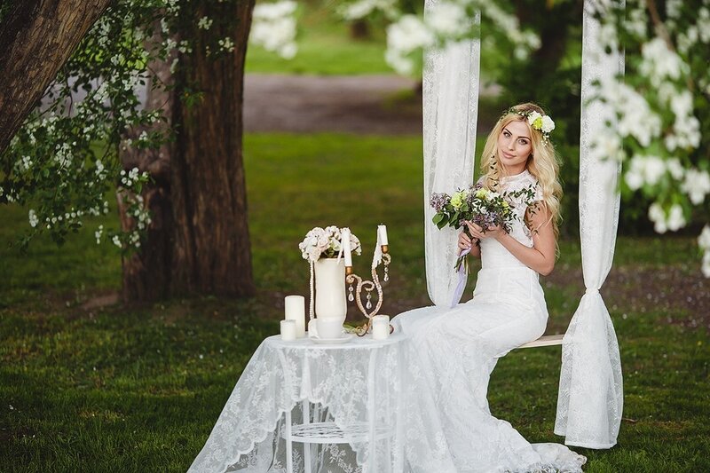 Bride in Garden — White, Serene, Spring, Photograph