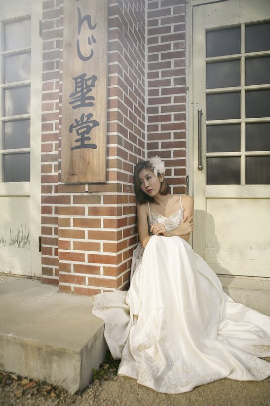 Bride in white dress at church