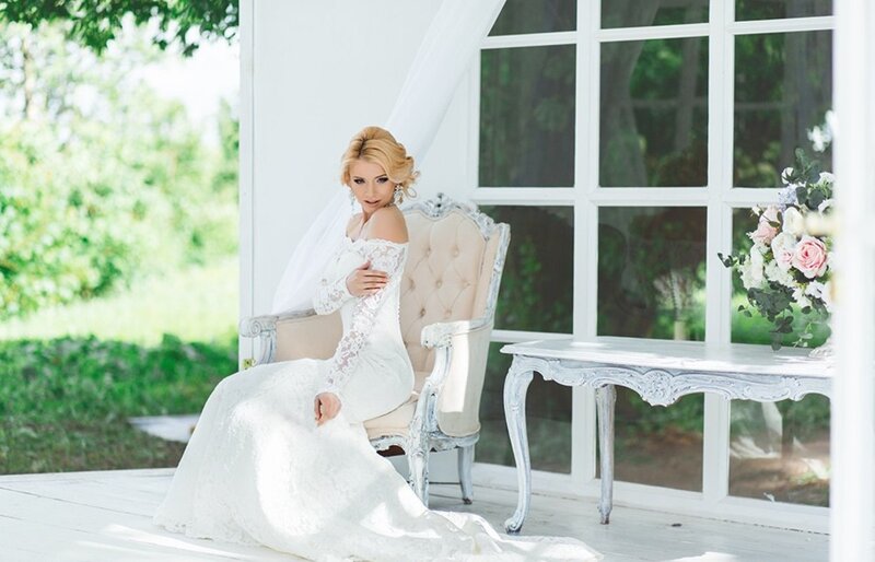 Bride in White Dress — Serene, Afternoon, Photograph, Chair, Table
