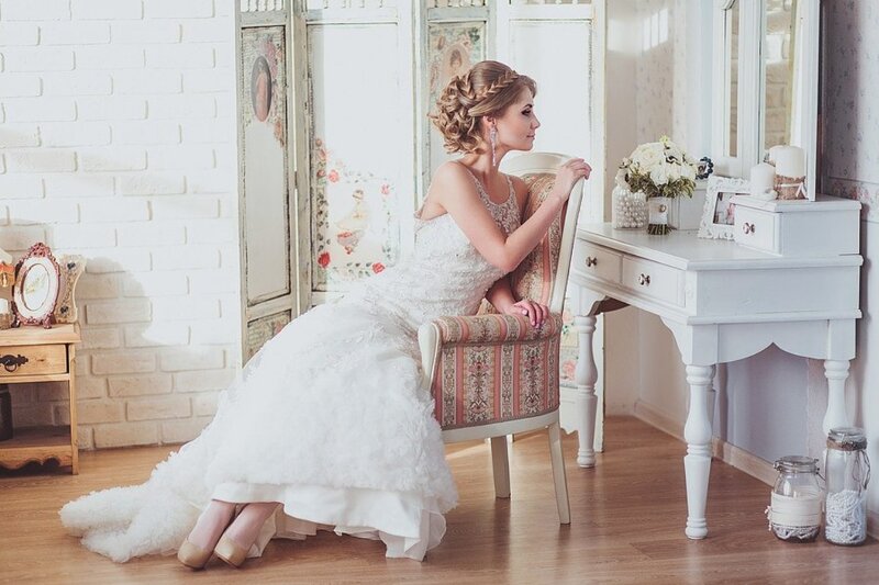 Bride in White Dress — Serene, Afternoon, Photograph, Chair