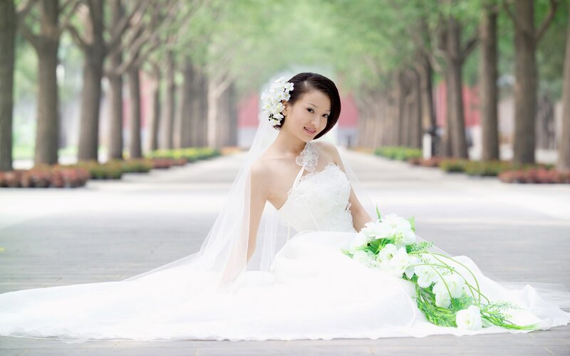 Bride in White Dress — Serene, Afternoon, Photograph, Flowers