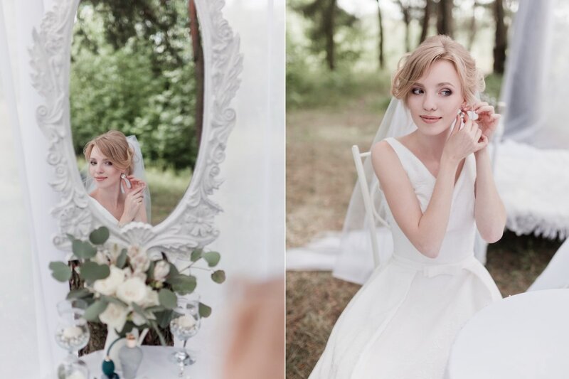 Bride in White Dress — Serene, Afternoon, Photograph, Mirror