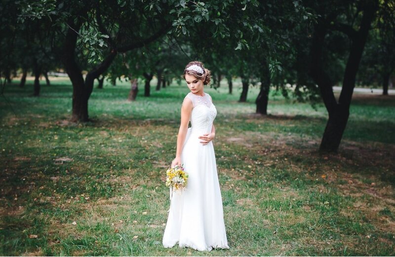 Bride in White Dress — Serene, Afternoon, Photograph, Trees