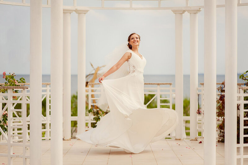 Bride in White Dress — Serene, Afternoon, Photograph, White Columns