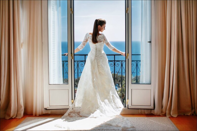 Bride in White Gown — Serene, Afternoon, Photograph, Balcony, Curtains