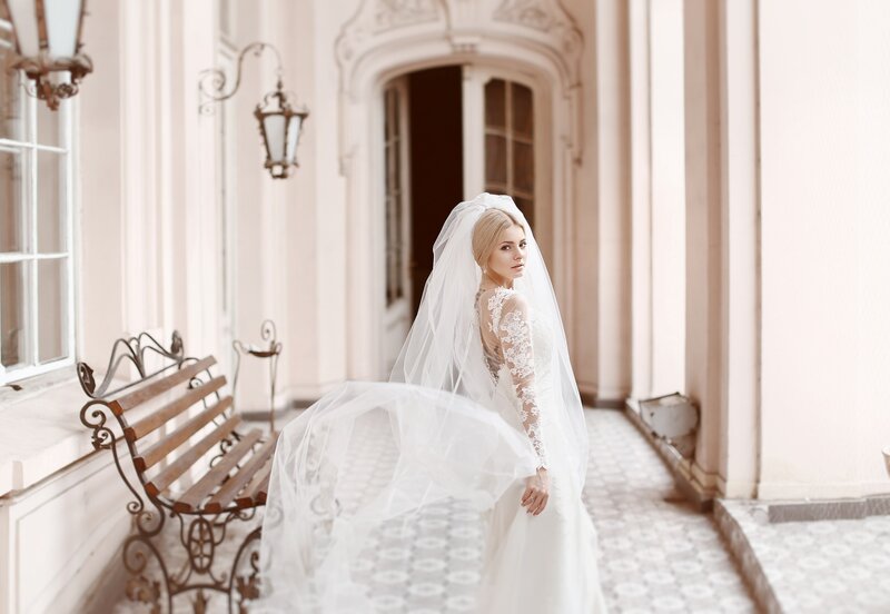 Bride in White Gown — Serene, Afternoon, Photograph, Veil, Bench
