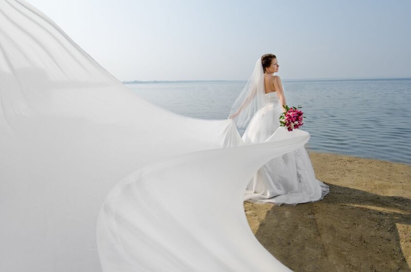 Bride on Beach — White, Serene, Afternoon, Photograph