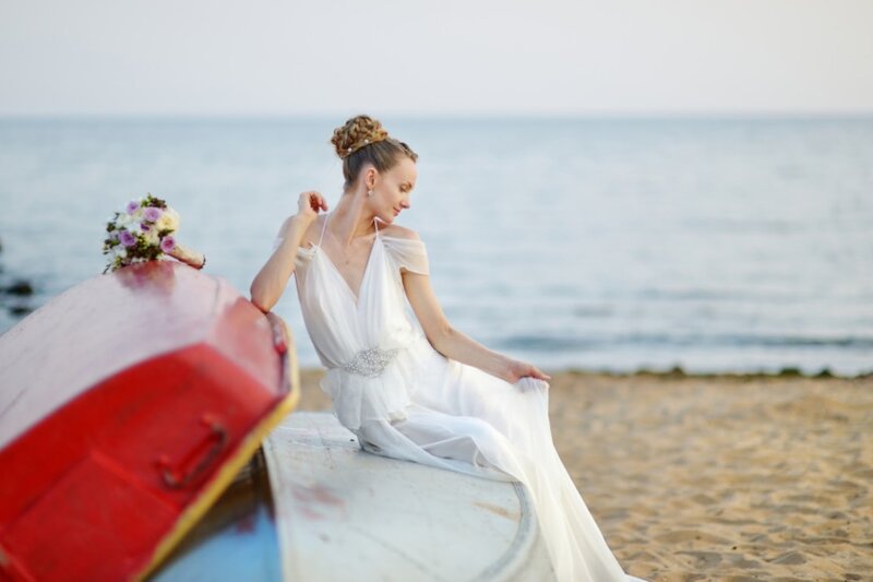 Bride on Beach — White, Serene, Afternoon