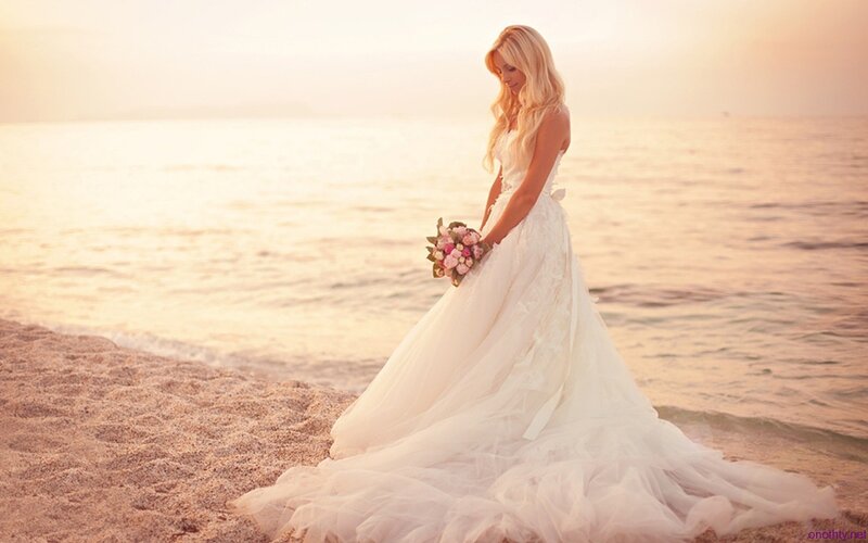 Bride on Beach — White, Serene, Sunset, Photograph
