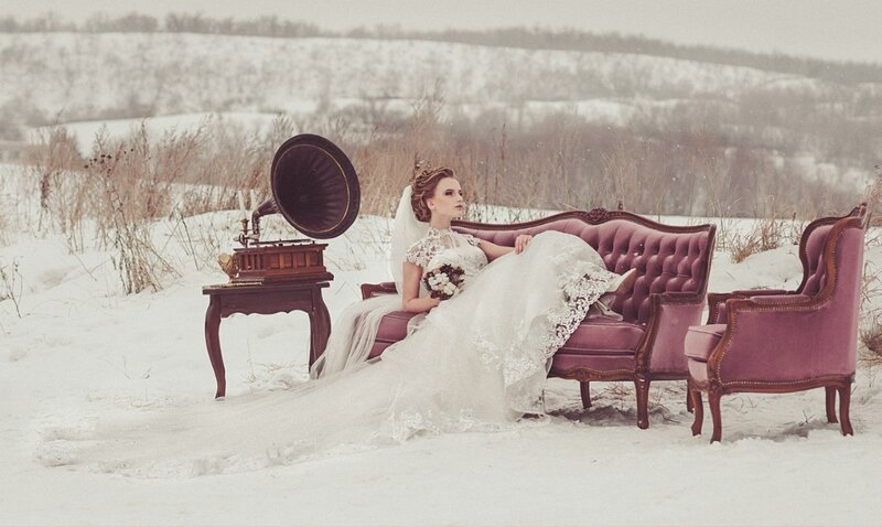 Bride on Couch in Snow — White