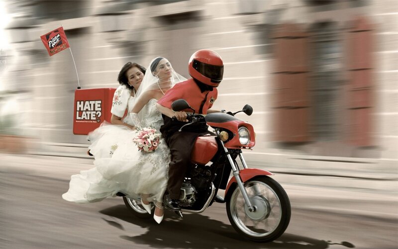 Bride on delivery motorcycle