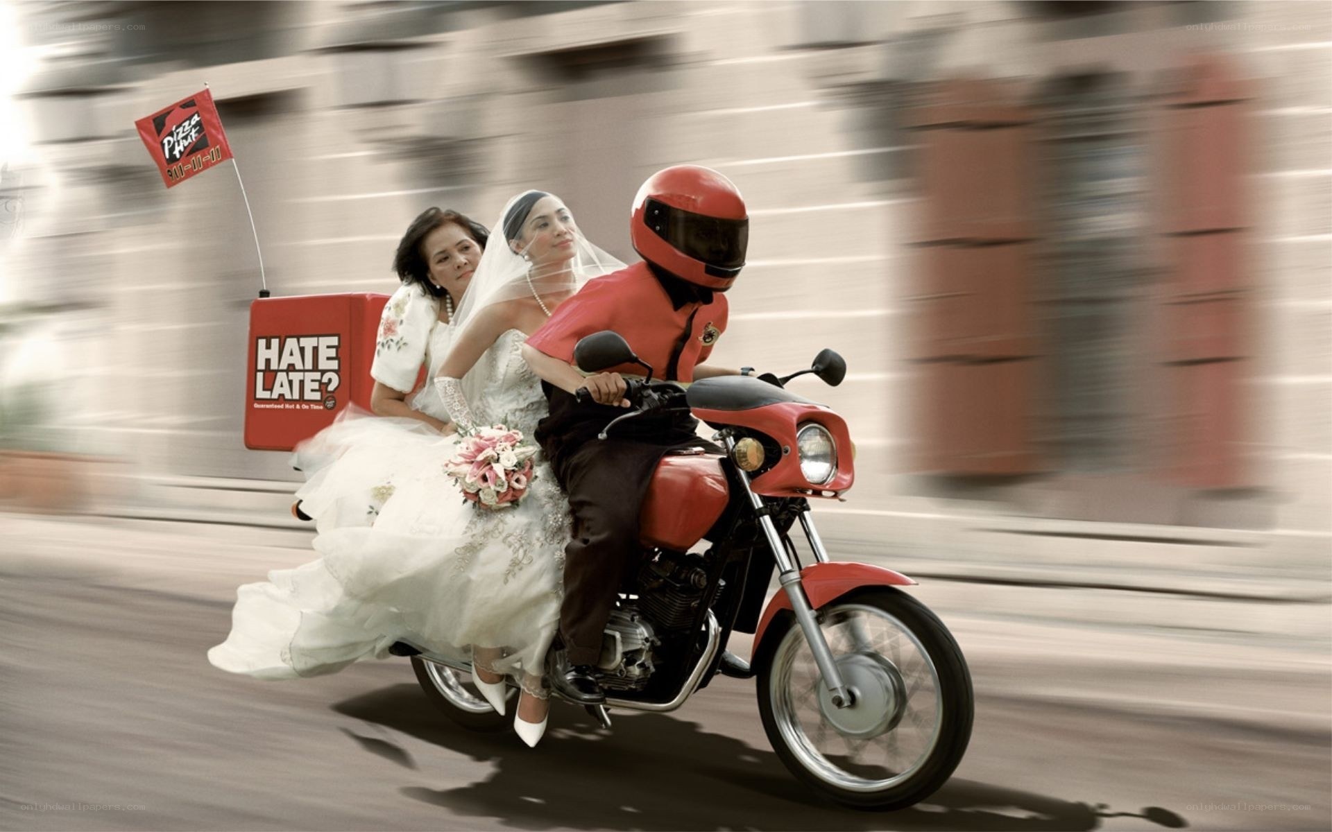 Bride on delivery motorcycle