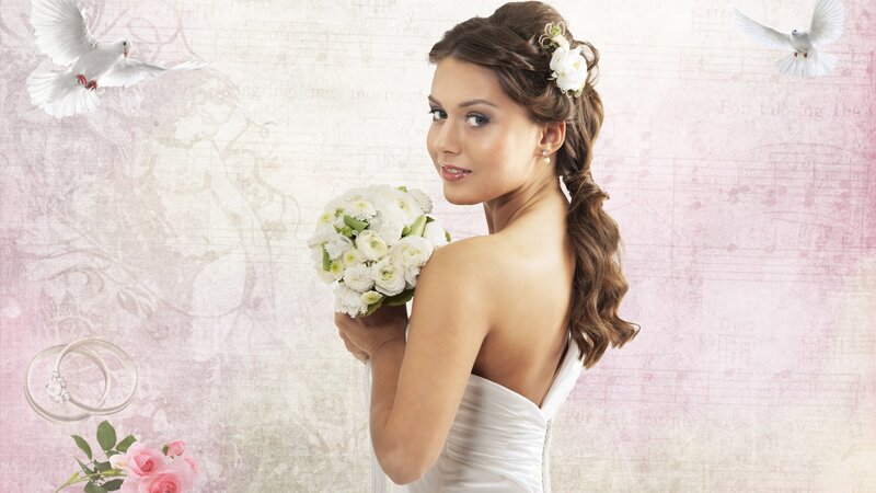 Bride with bouquet and doves