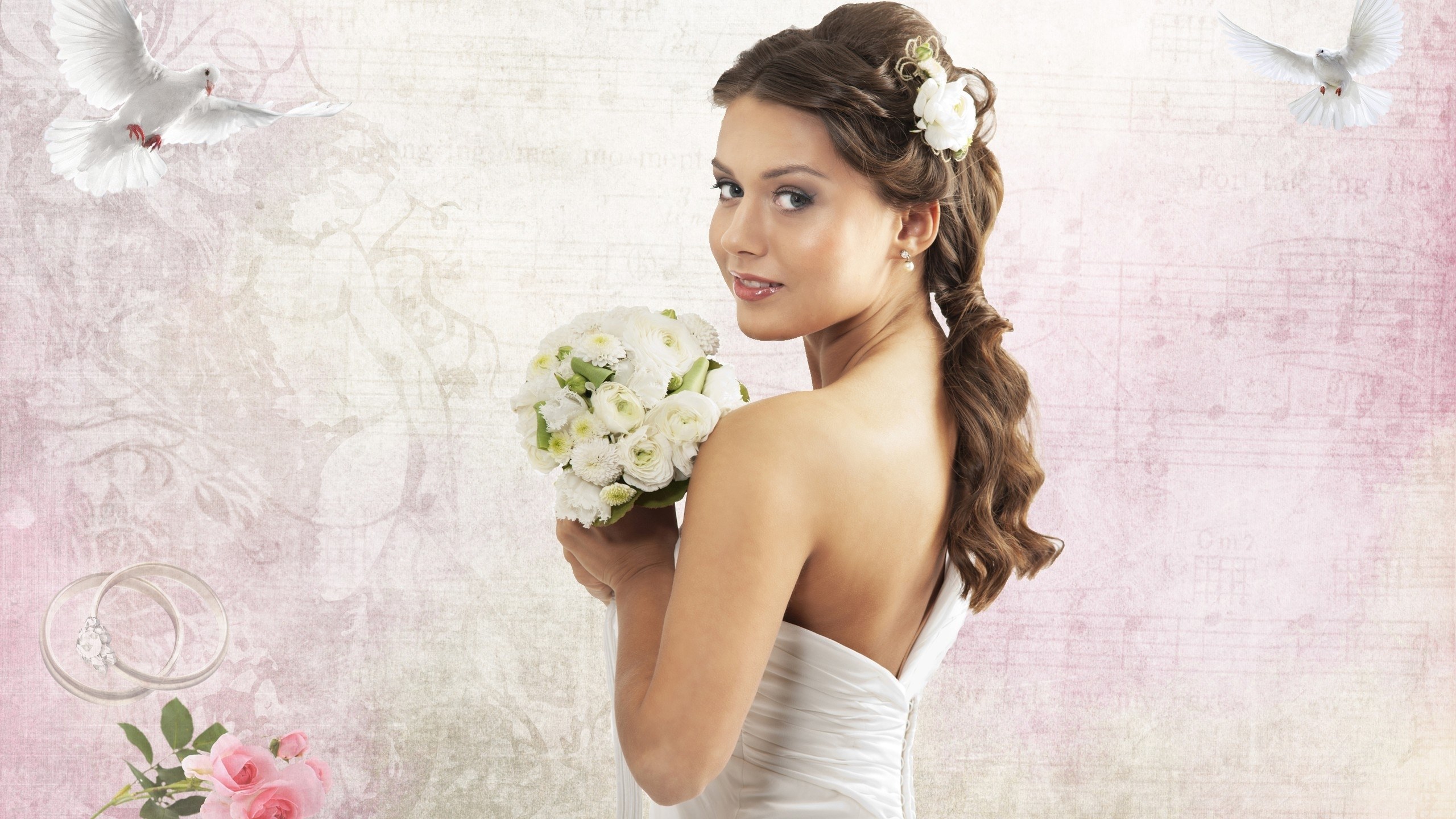 Bride with bouquet and doves