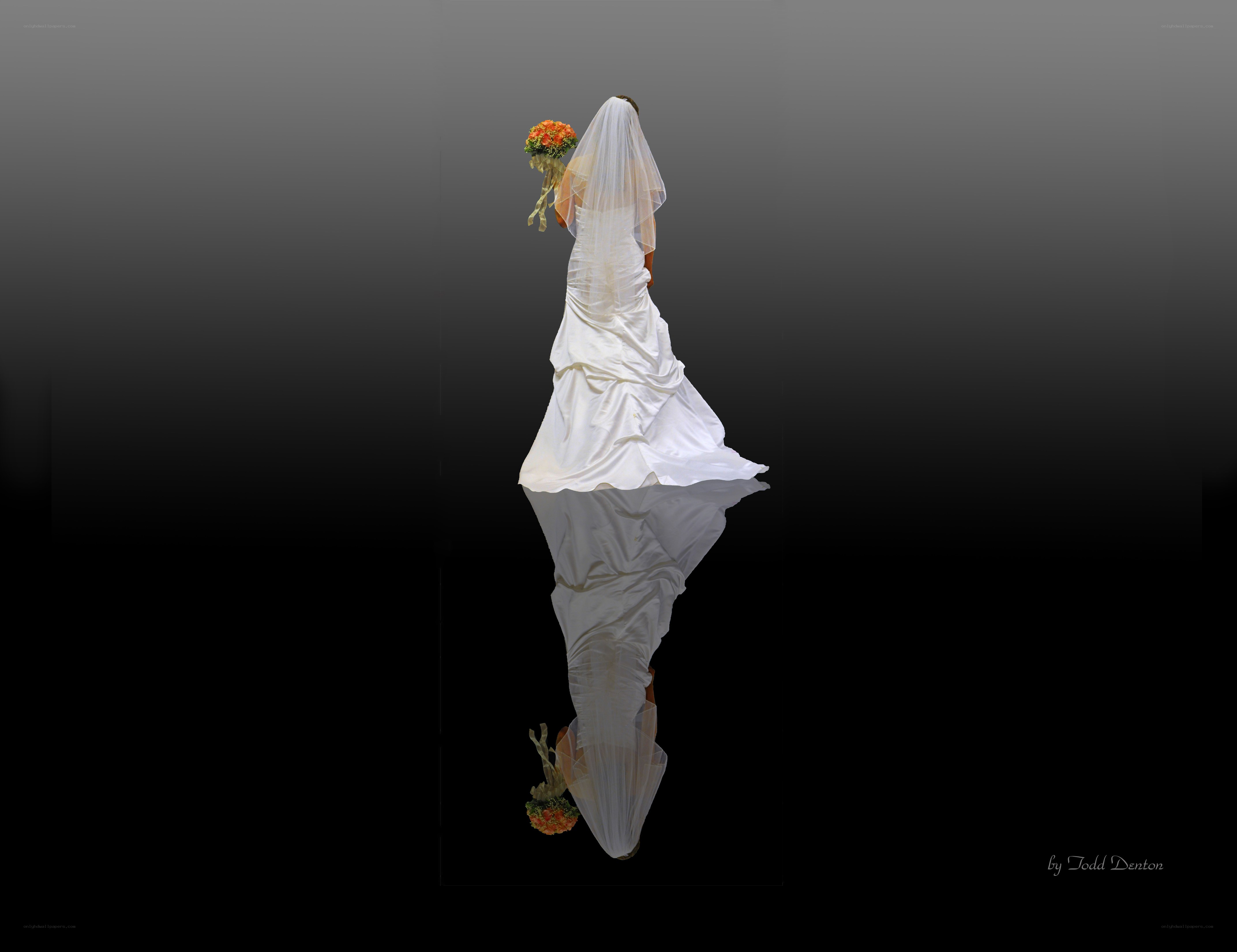 Bride with bouquet reflection
