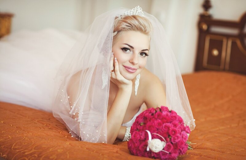 Bride with Bouquet — White, Calm, Photograph