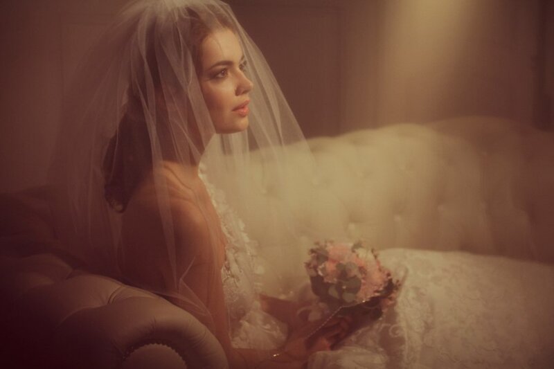 Bride with Bouquet — White, Dramatic, Photograph