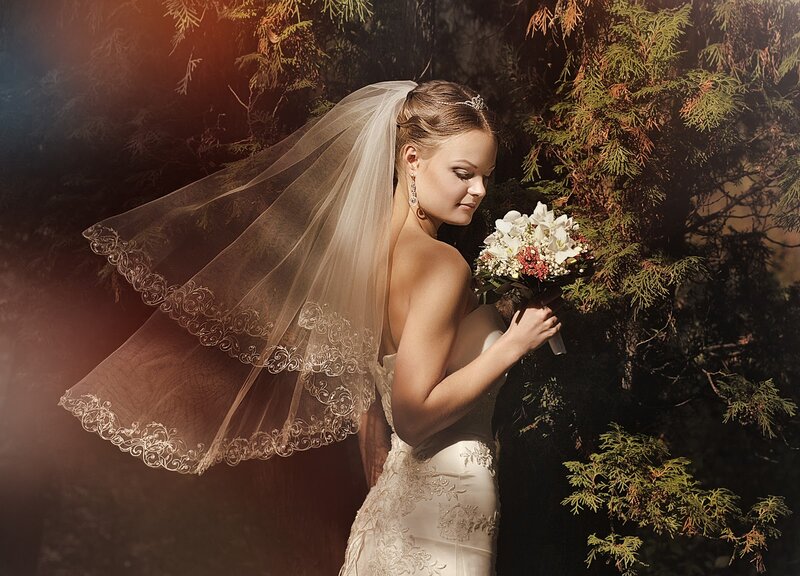 Bride with Bouquet — White, Dramatic, Sunset