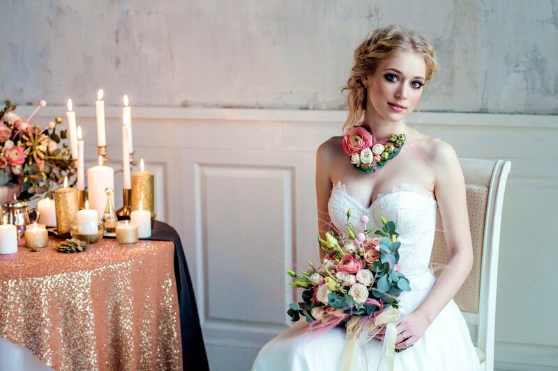 Bride with Bouquet — White, Romantic, Photograph