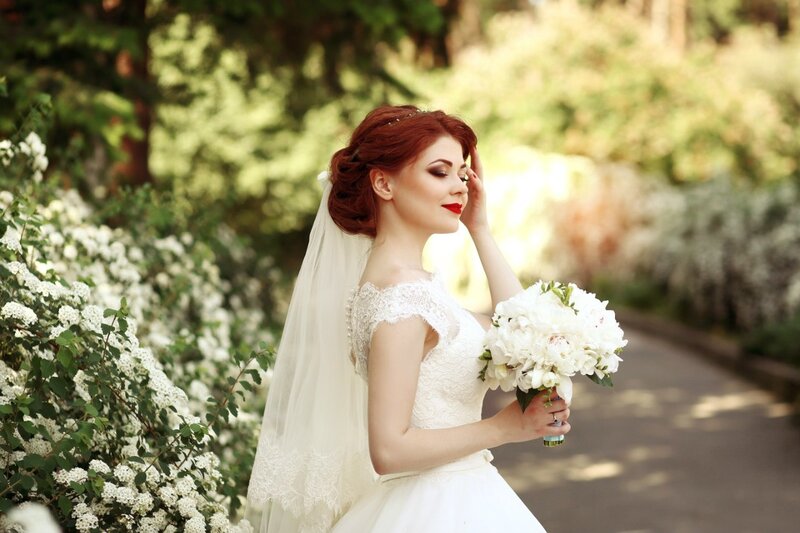 Bride with Bouquet — White, Serene, Afternoon, Photograph, Veil, Flowers