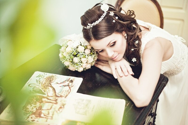 Bride with Bouquet — White, Serene, Photograph