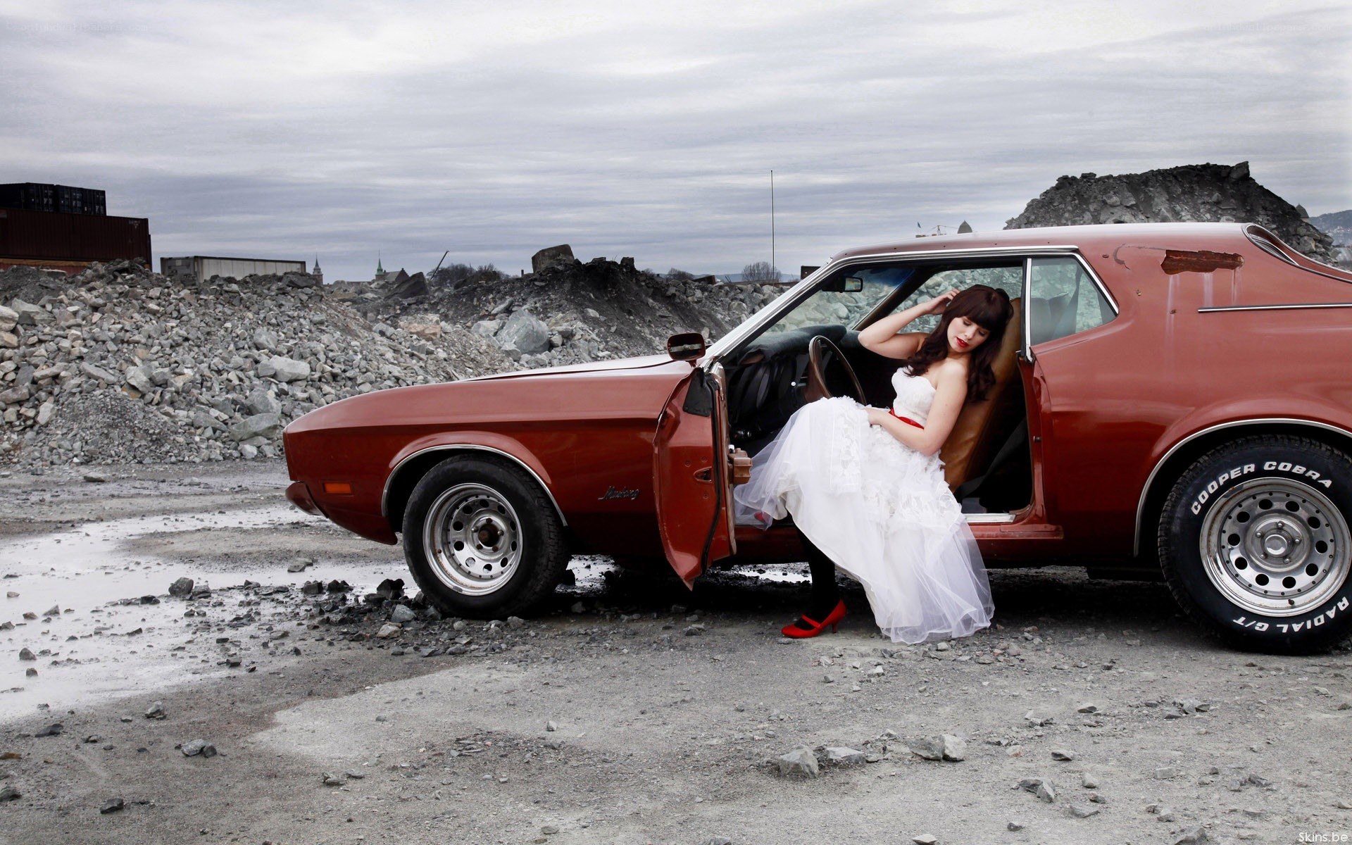 Bride with classic car