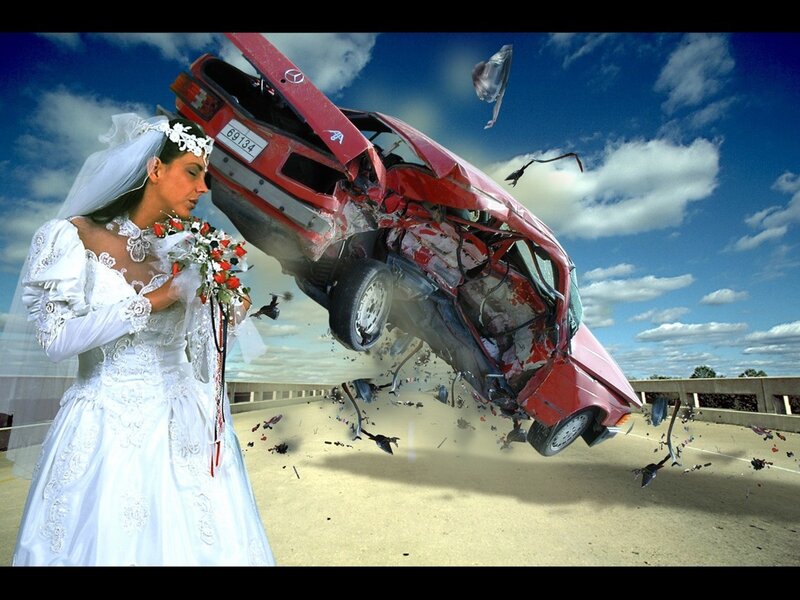 Bride with crashing car