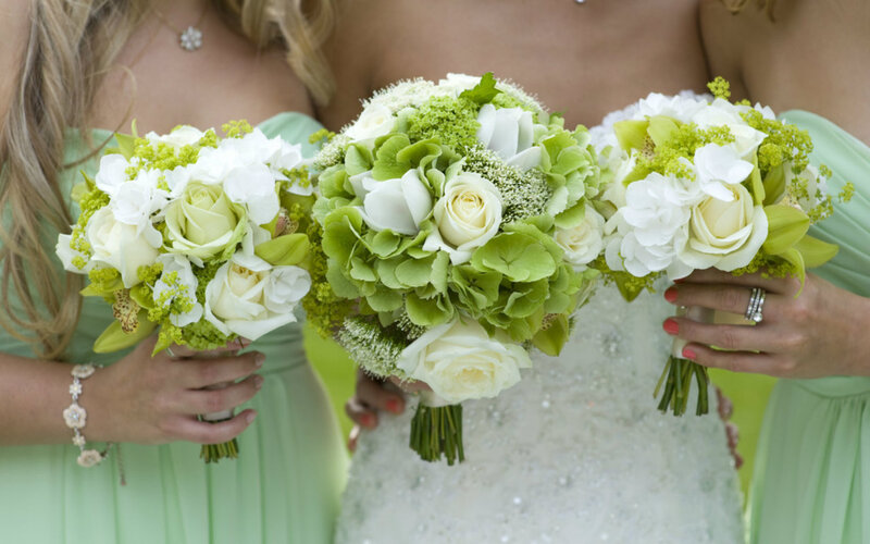 Bridesmaids Holding Bouquets — White, Elegant